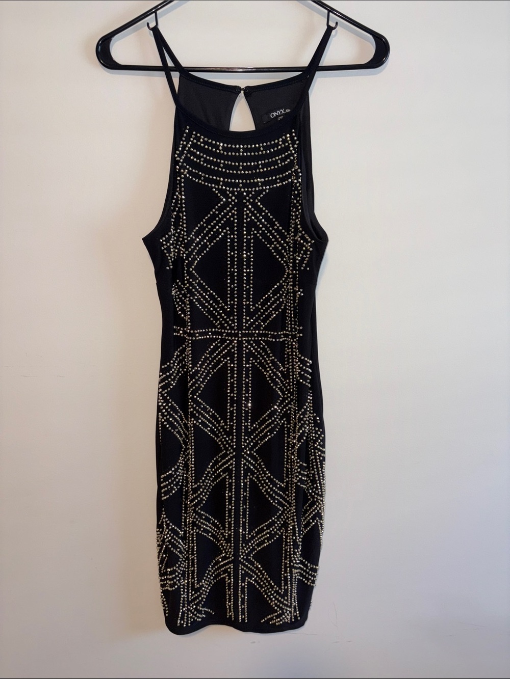 Onyx Nite Black Mini Dress with Gold Stud Pattern